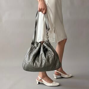 VTG Christian Dior Quilted Lambskin Leather Cannage Drawstring Bucket Bag Silver